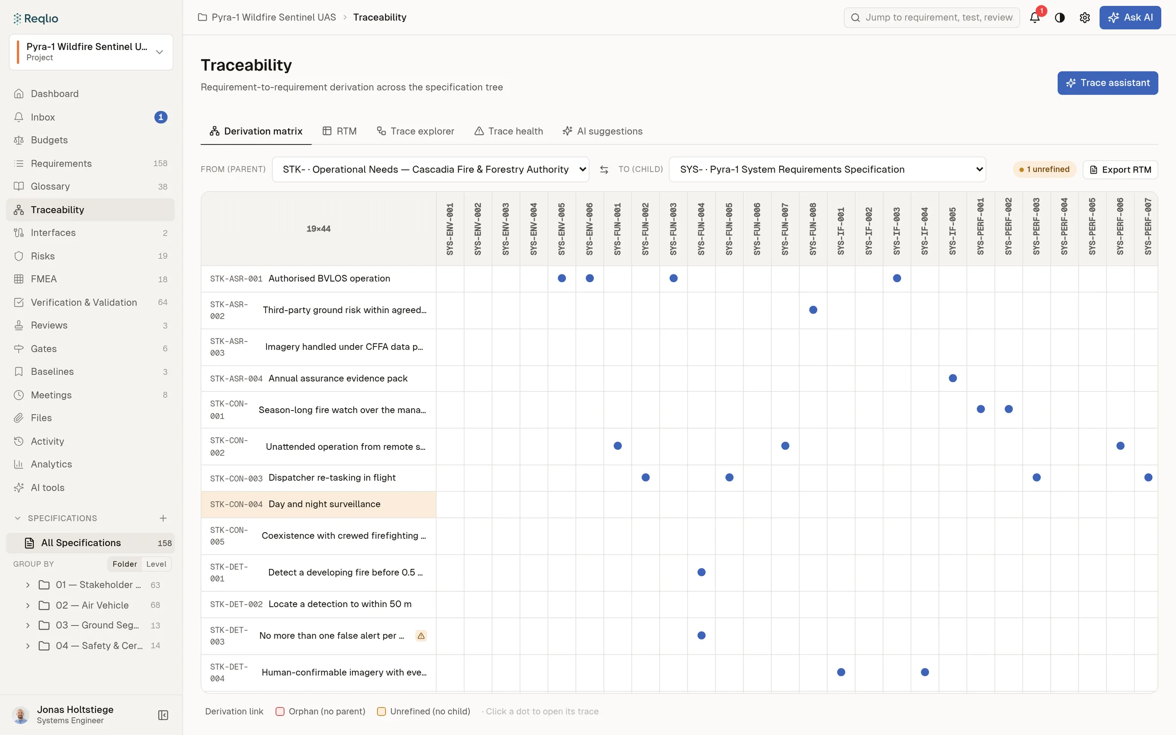 Traceability — derivation matrix, trace explorer and health checks.